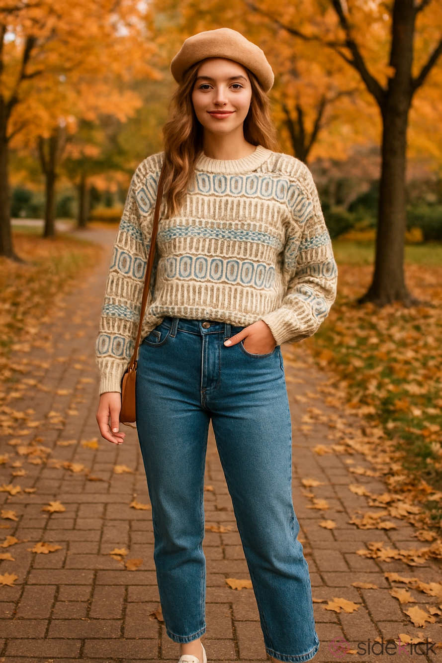 Retro 90's Van Heusen Beige and Blue Patterned Crewneck Cotton Knit Sweater - Picture 1 of 7